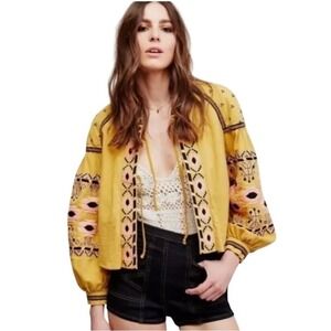 RD+Koko Mustard Yellow Embroidered Cotton Boho Balloon Sleeve Crop Jacket‎ Large